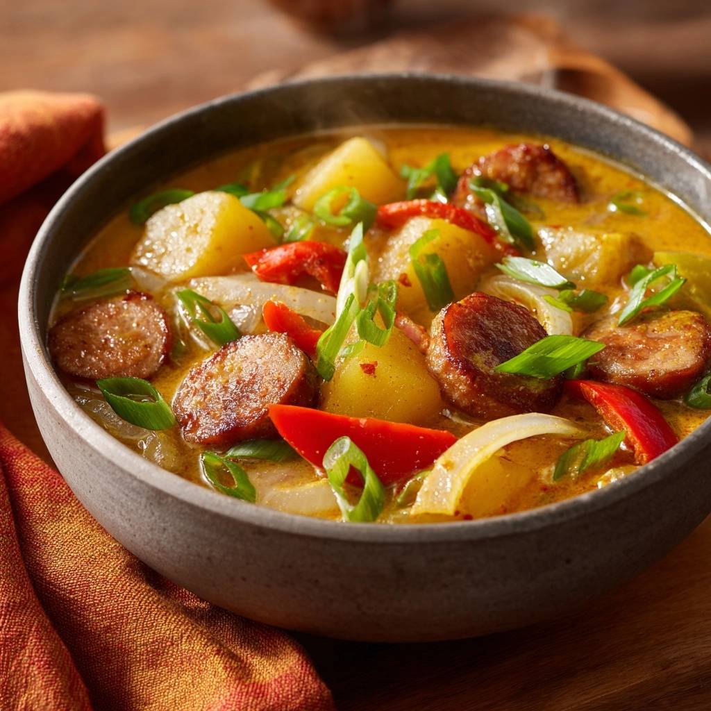 Hearty sausage and potato stew in a close-up bowl view with sliced sausage, potatoes, and peppers.