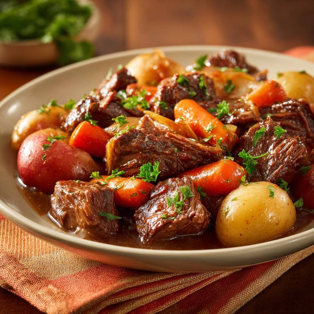 Mastering the Slow-Simmered Savory Beef Stew served in a rustic bowl with potatoes and carrots.