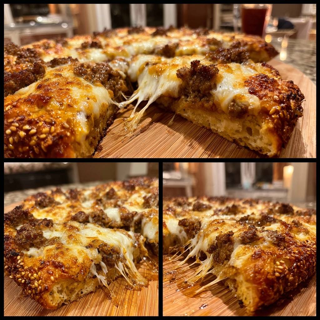 Sesame beef pan pizza cross-section showing melted cheese pulling away from a slice.