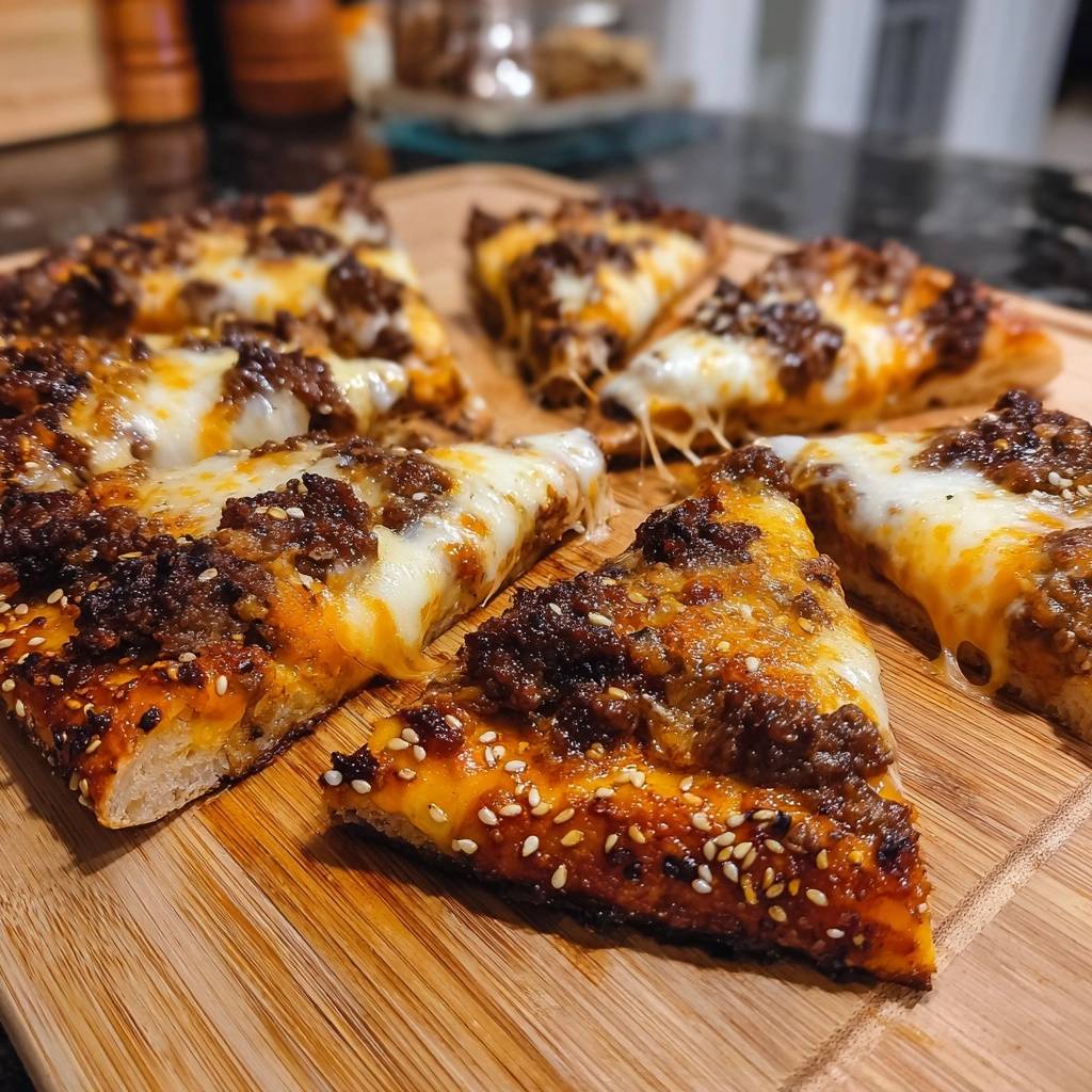 Sesame beef pan pizza sliced and presented close-up on a wooden cutting board, showcasing melted cheese and sesame seeds.