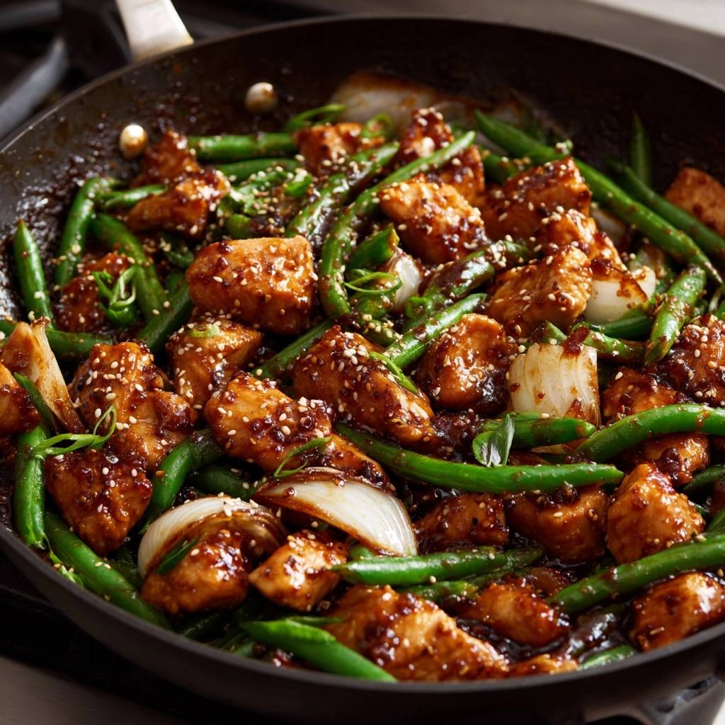 Sesame ginger chicken and green bean stir-fry cooked in a black pan, viewed closely in the pan.