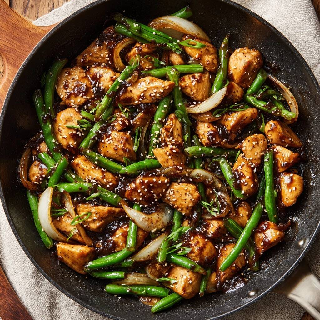Sesame ginger chicken and green bean stir-fry presented in an overhead view within a black skillet, showcasing a glossy glaze.