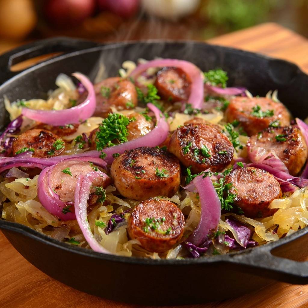 Skillet sausage and sauerkraut shown in a close-up view with wisps of steam rising from the hearty dish.