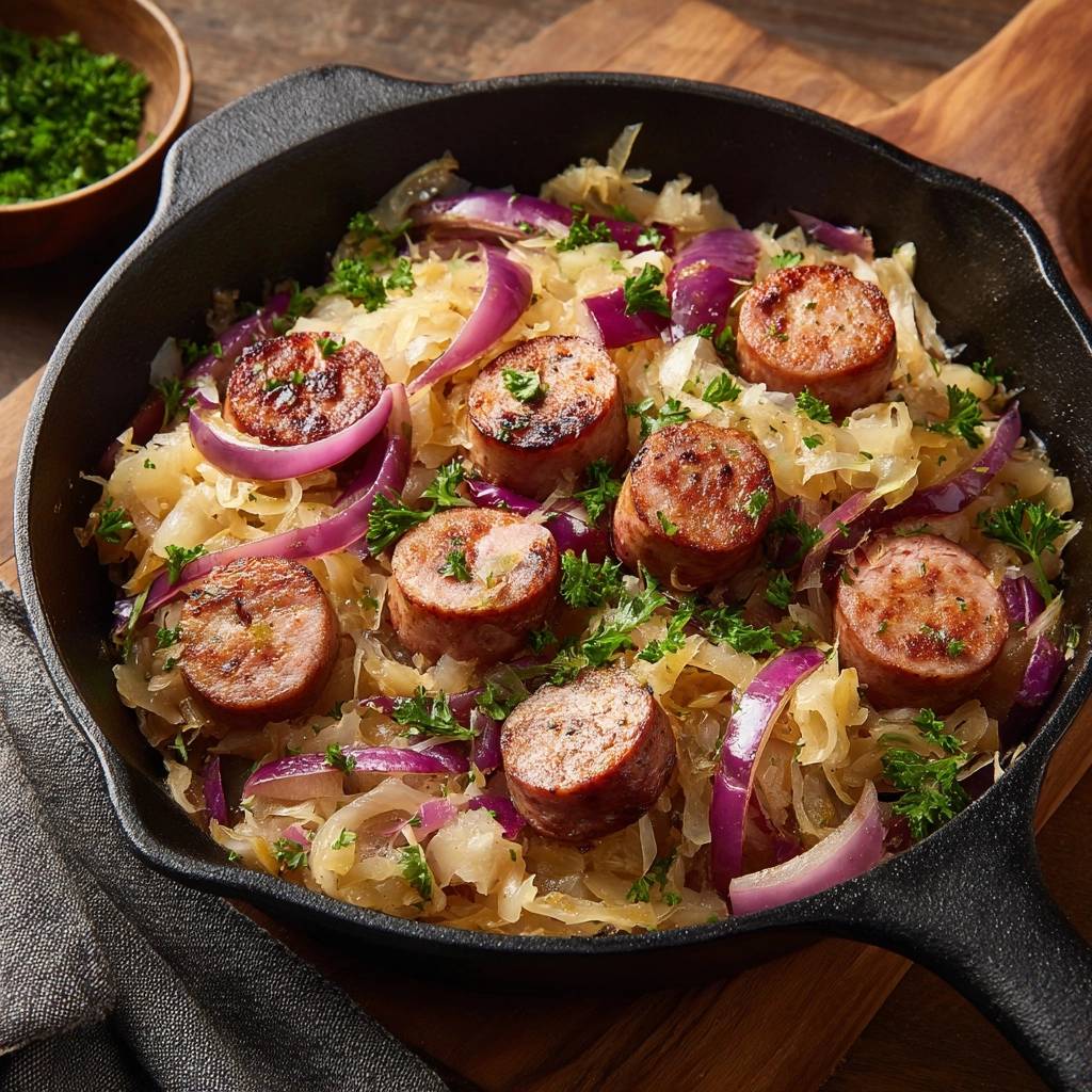 Skillet sausage and sauerkraut in a cast iron pan, garnished with parsley and red onion, viewed from above.