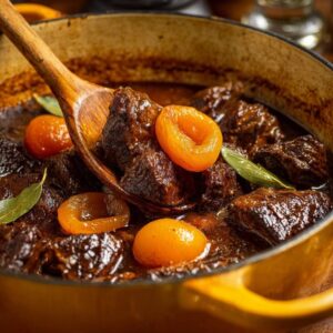 Slow-braised beef and apricot stew with a wooden spoon lifting a rich piece of meat and apricot.