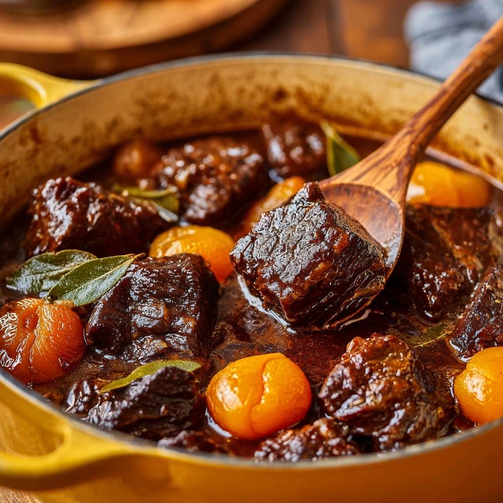 Slow-braised beef and apricot stew with a wooden spoon lifting a tender piece of meat.