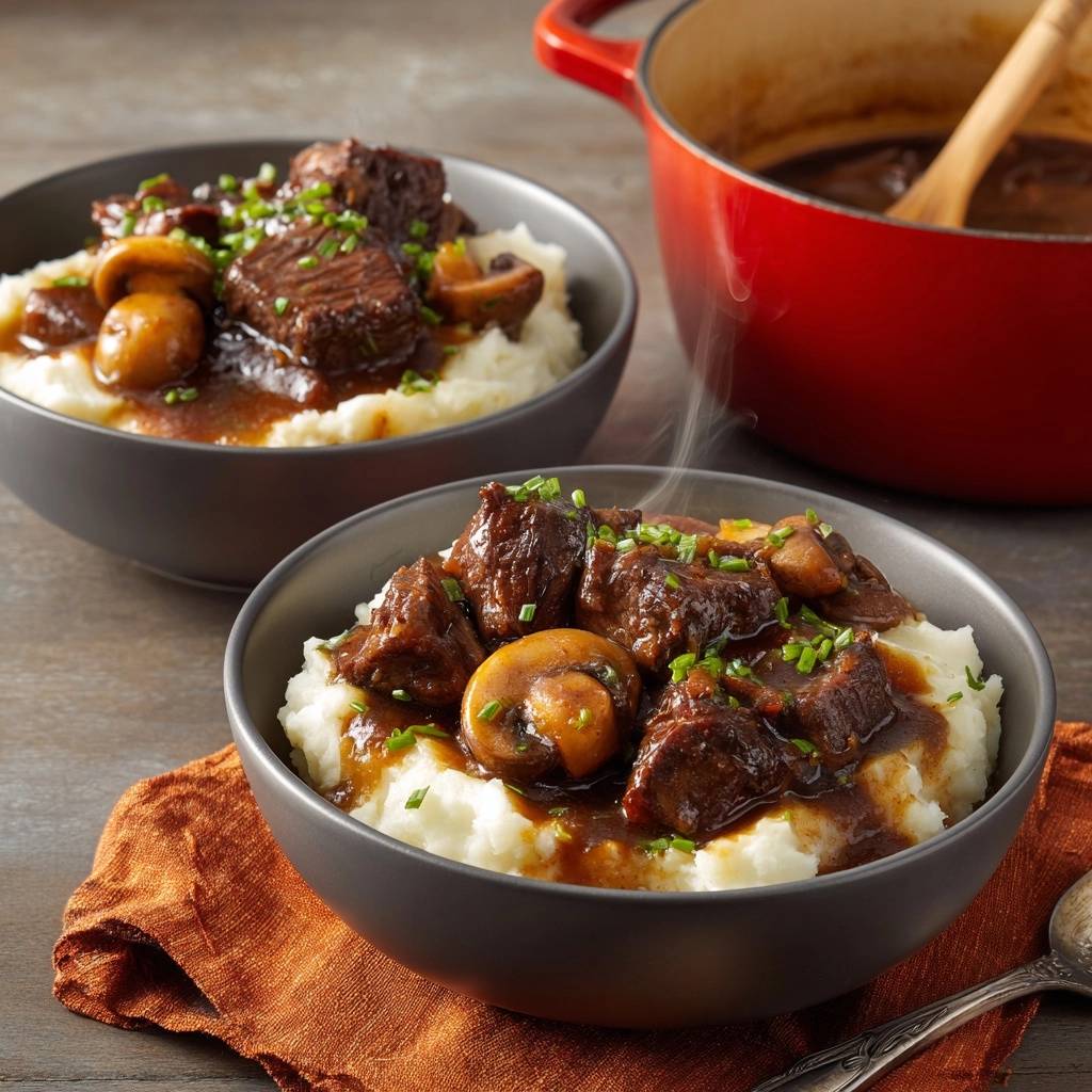 Slow-braised beef and mushroom stew served in two dark bowls over mashed potatoes, with a red pot in the background.