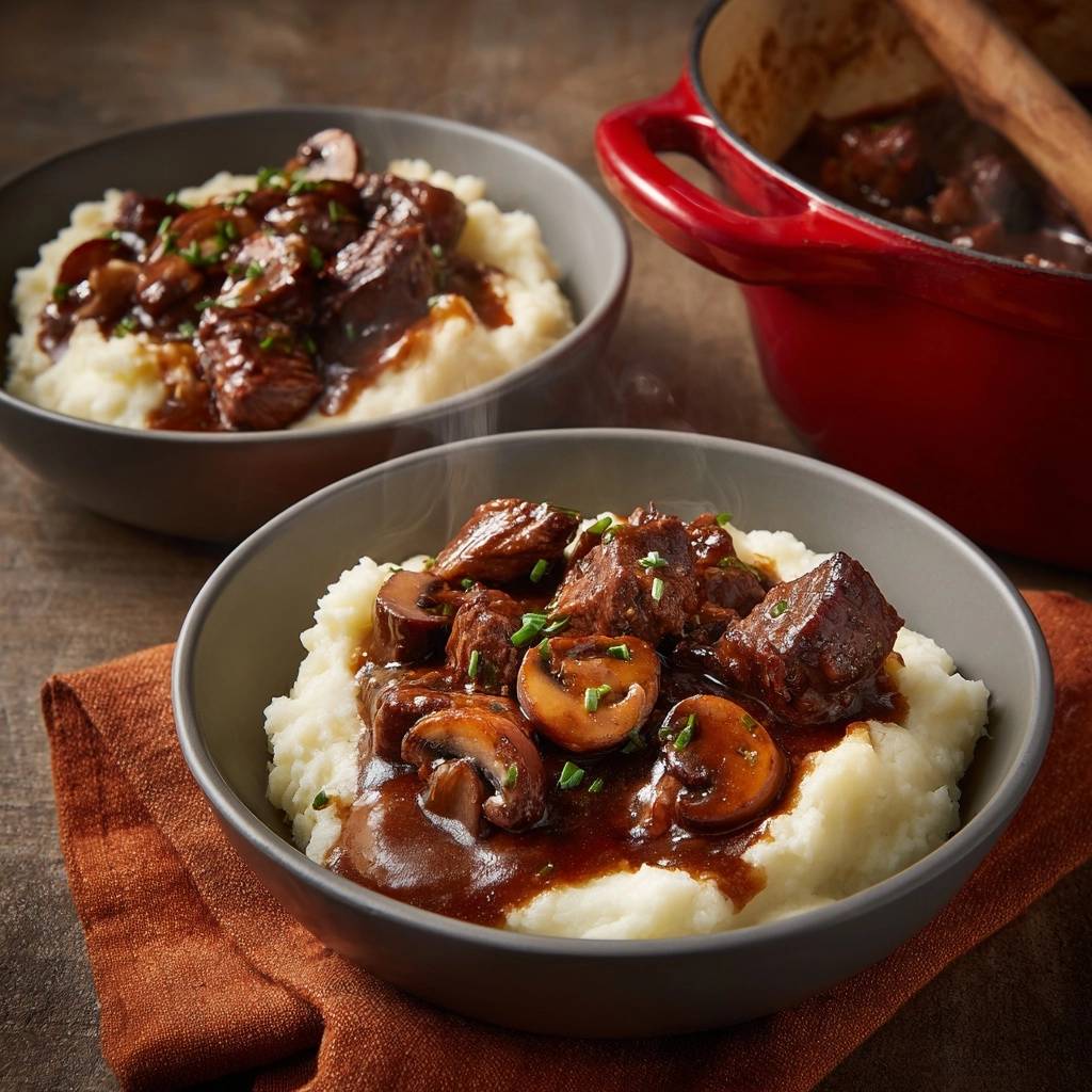 Slow-braised beef and mushroom stew served in two bowls with creamy mashed potatoes, garnished with chives.