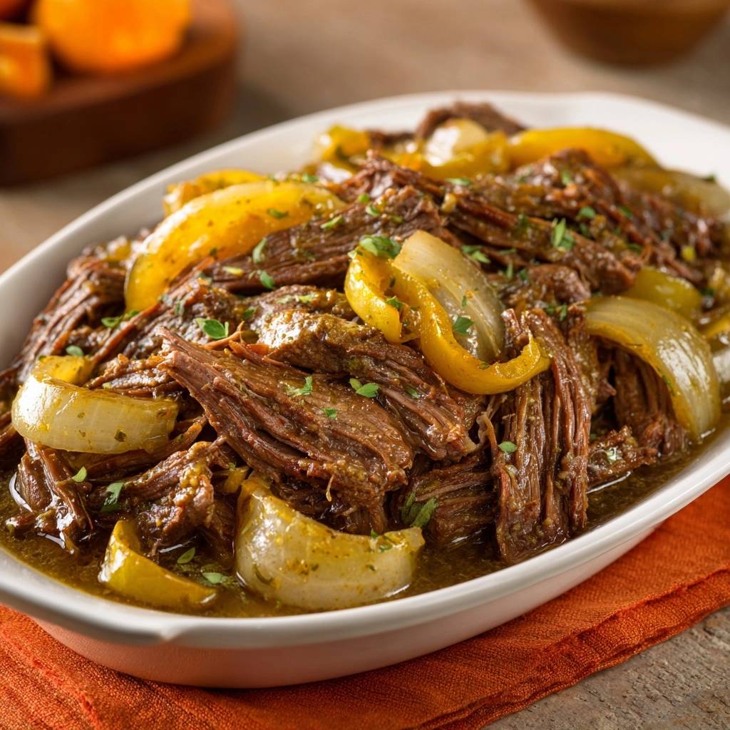 Slow cooked shredded beef and peppers served in a white dish, showcasing tender meat and onions.