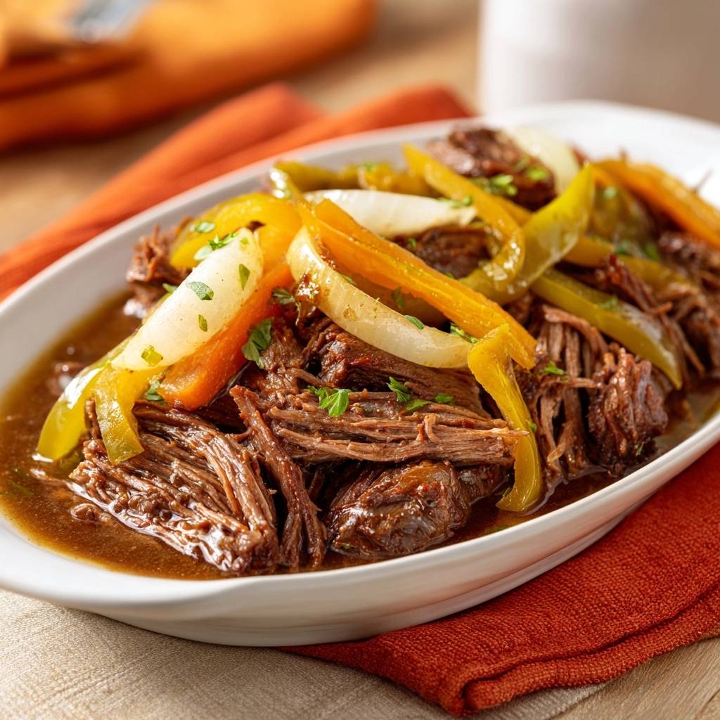 Slow cooked shredded beef and peppers served in a white dish with sliced onions and bell peppers.