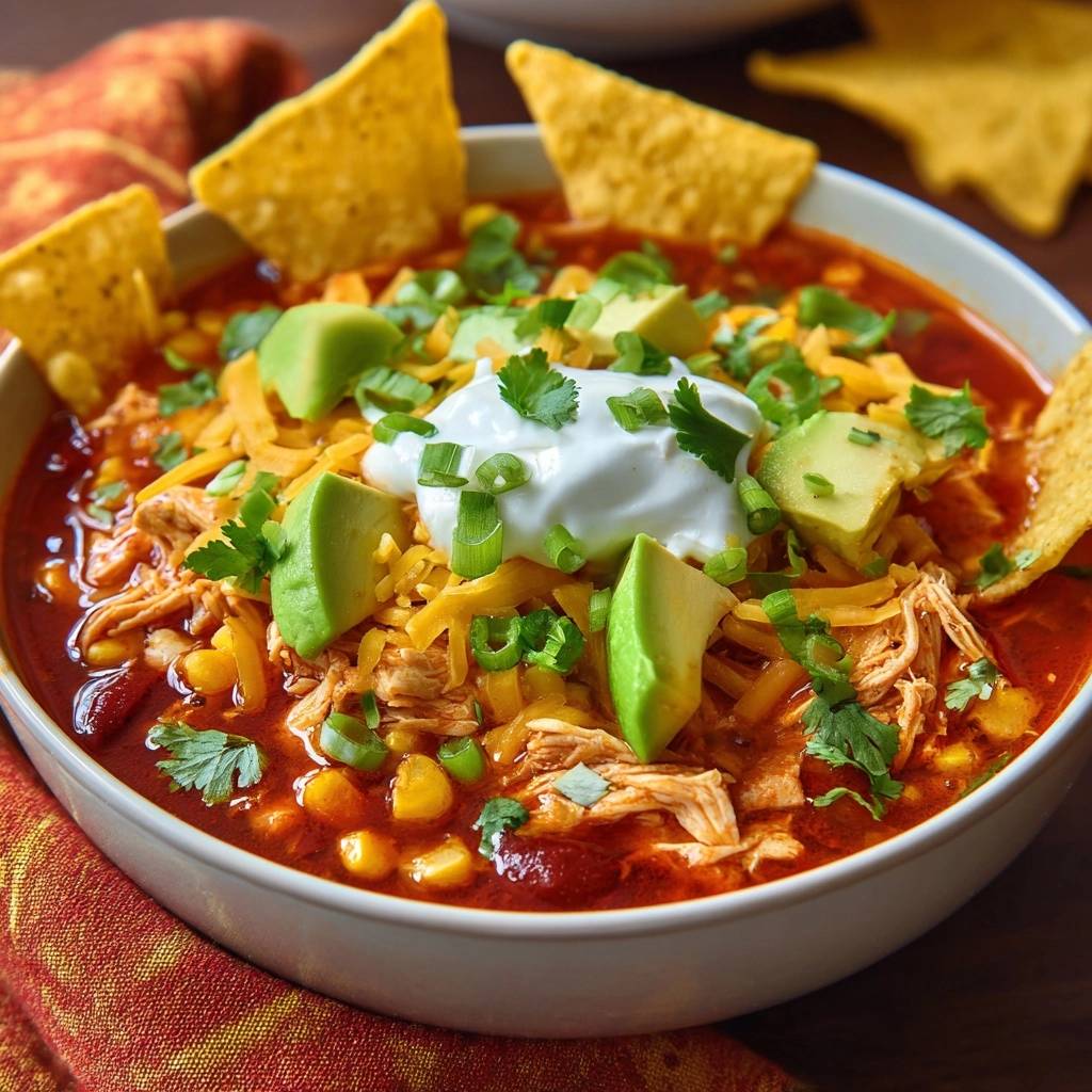 Slow cooker chicken tortilla soup in a bowl, generously garnished with avocado, cheese, sour cream, and cilantro.