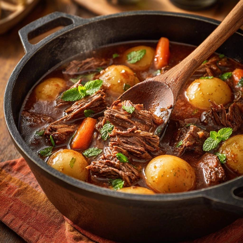 Slow-simmered Dutch oven beef stew with a wooden spoon lifting a hearty portion, showcasing tender meat and potatoes.