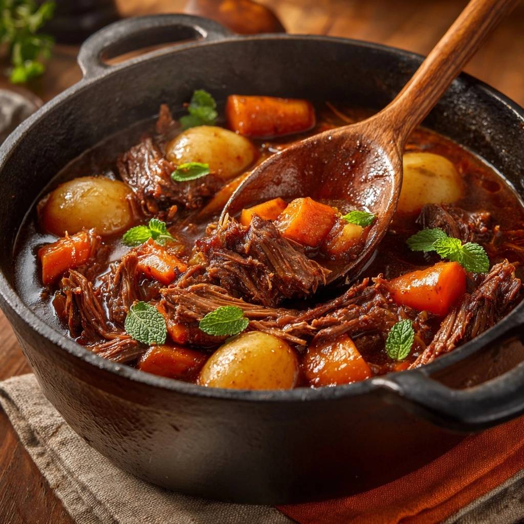 Slow-simmered Dutch oven beef stew with tender meat and vegetables being lifted with a wooden spoon.