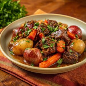 Slow-simmered savory beef stew served in a bowl with potatoes, carrots, and fresh parsley garnish.
