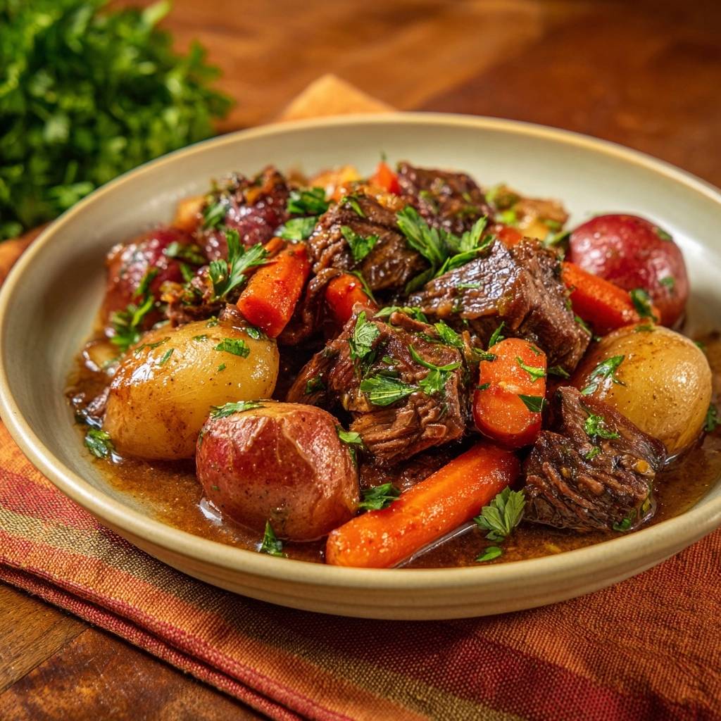 Slow-simmered savory beef stew served in a bowl with potatoes, carrots, and fresh parsley garnish.