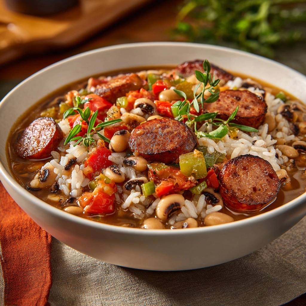 Southern black eyed peas and sausage served in a bowl with rice, showing a close-up view of the ingredients and garnish.