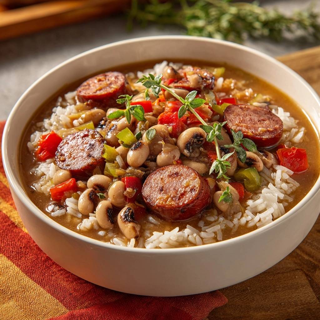 Southern black eyed peas and sausage served in a bowl over rice, garnished with fresh herbs.