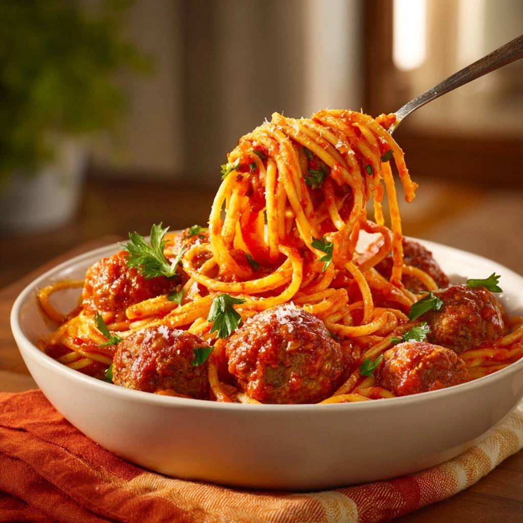 Classic spaghetti and meatballs shown with a fork twirling a generous portion of pasta and meatballs in rich tomato sauce.