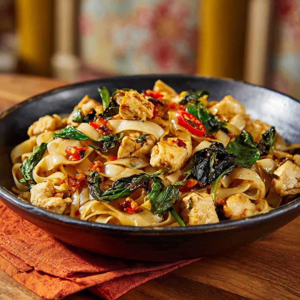 Spicy basil chicken drunken noodles served in a dark bowl, showing a close-up view of the wide noodles and chicken.