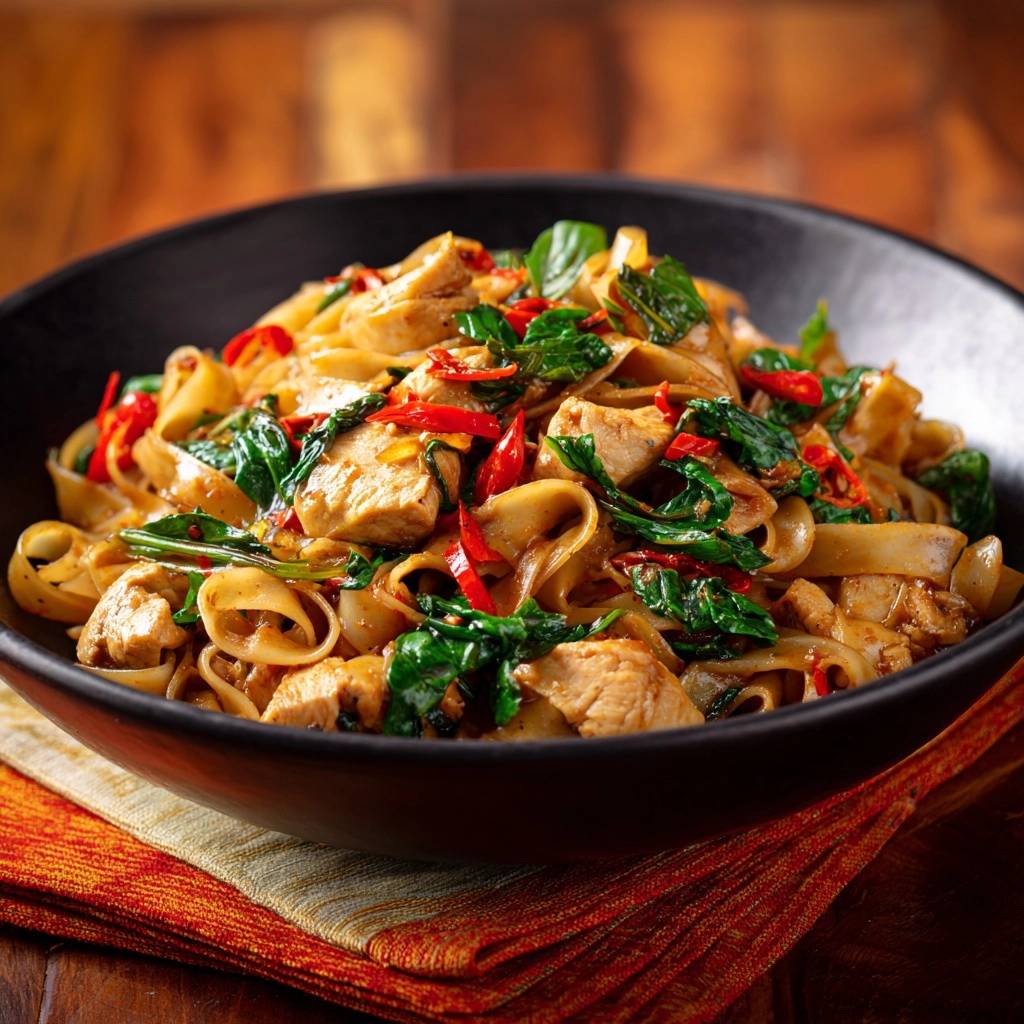 Spicy basil chicken drunken noodles served in a black bowl, showcasing a close-up view of the ingredients.