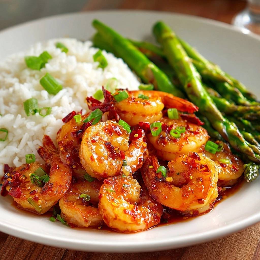 Spicy garlic chili shrimp plated with fluffy white rice and tender asparagus spears, garnished with chopped green onions.