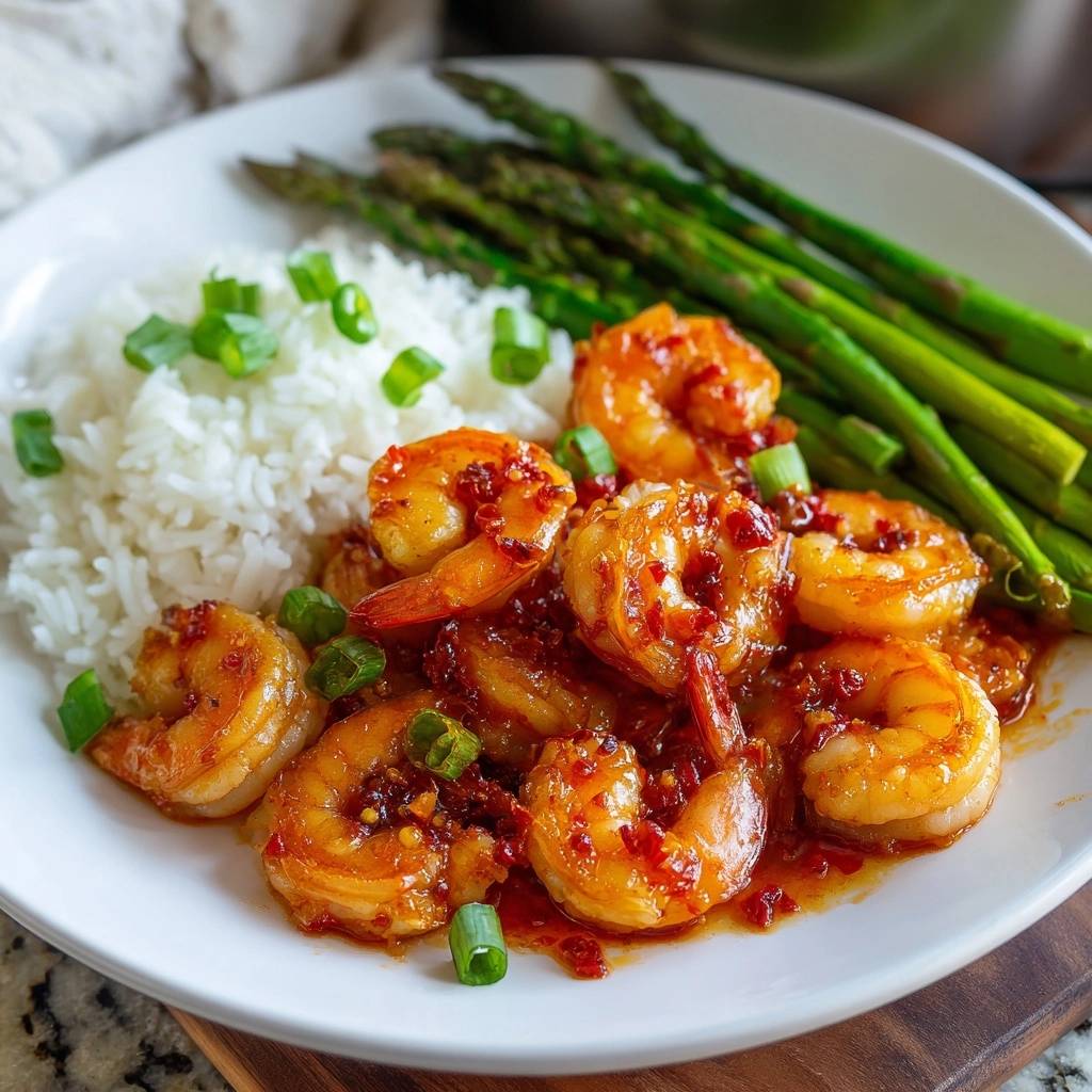 Spicy garlic chili shrimp plated with fluffy white rice and tender asparagus spears, garnished with green onions.