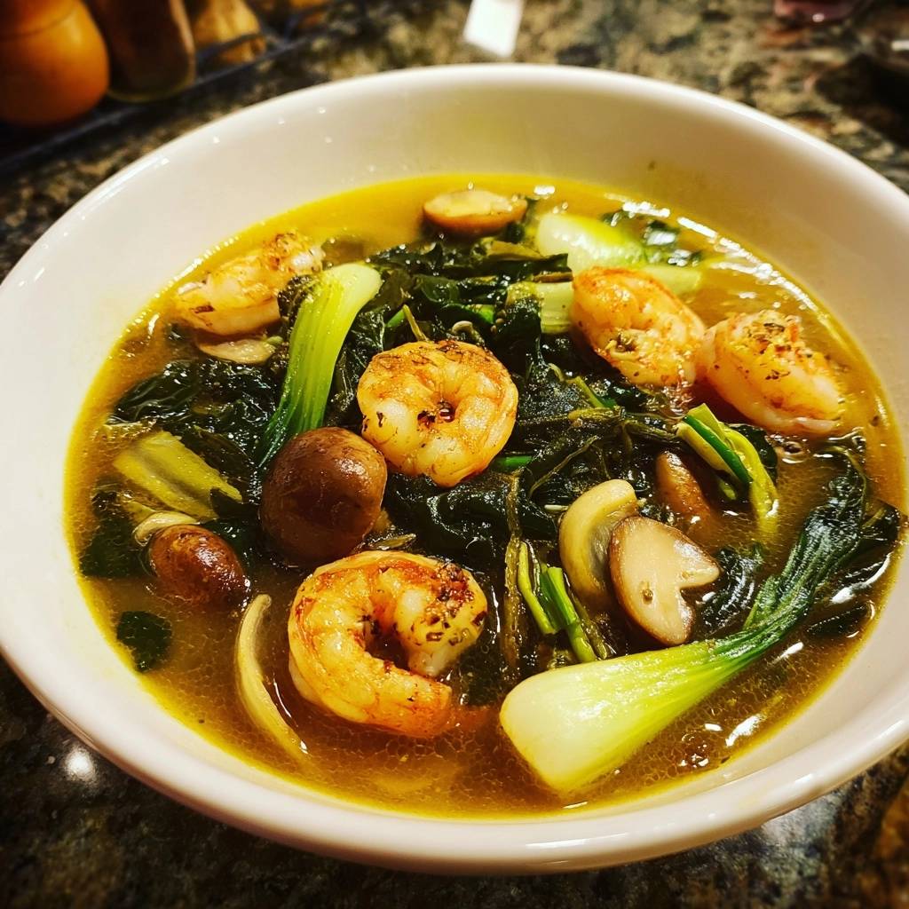 Spicy garlic shrimp and bok choy soup shown in a close-up view of a white bowl filled with broth, shrimp, and vegetables.