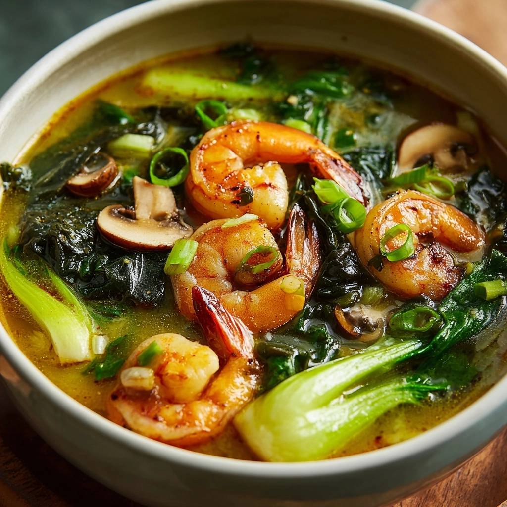 Spicy garlic shrimp and bok choy soup in a bowl, showcasing plump shrimp and vibrant greens in a close-up view.