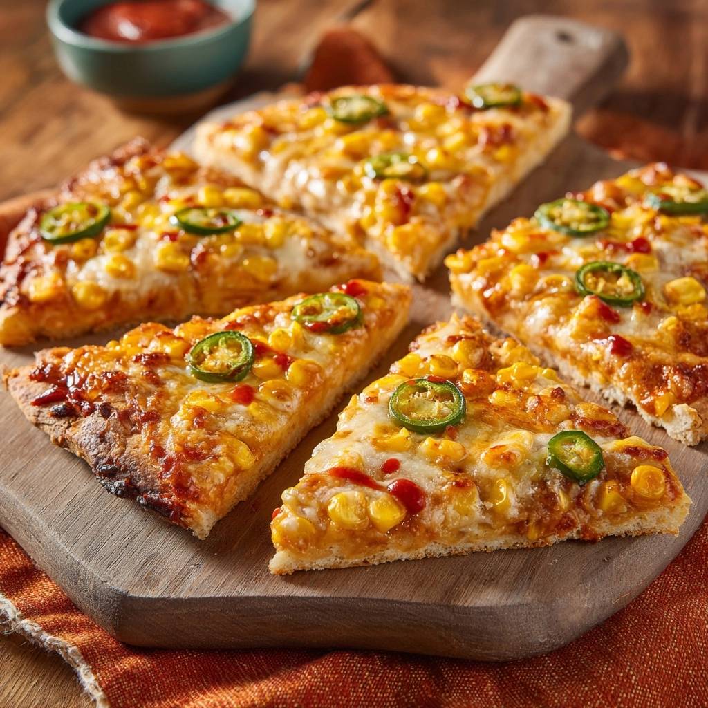 Spicy roasted corn flatbread, sliced and presented on a wooden board with a close-up overhead view.