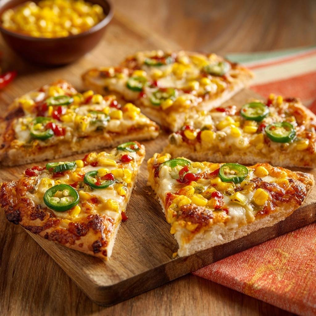 Spicy roasted corn flatbread slices with jalapeños and cheese, arranged on a wooden cutting board.