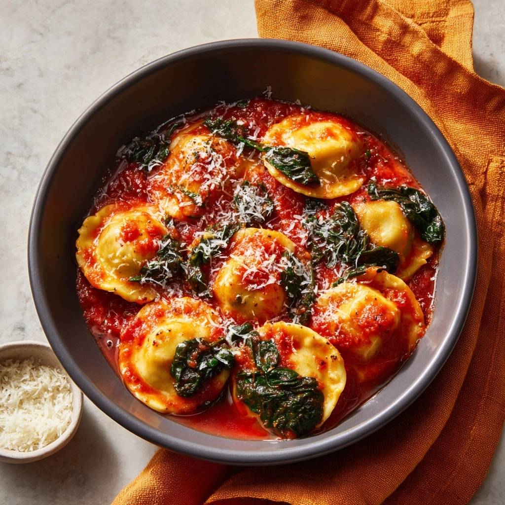 Spinach and cheese ravioli marinara served in a bowl, with grated parmesan cheese and fresh basil, viewed from directly above.