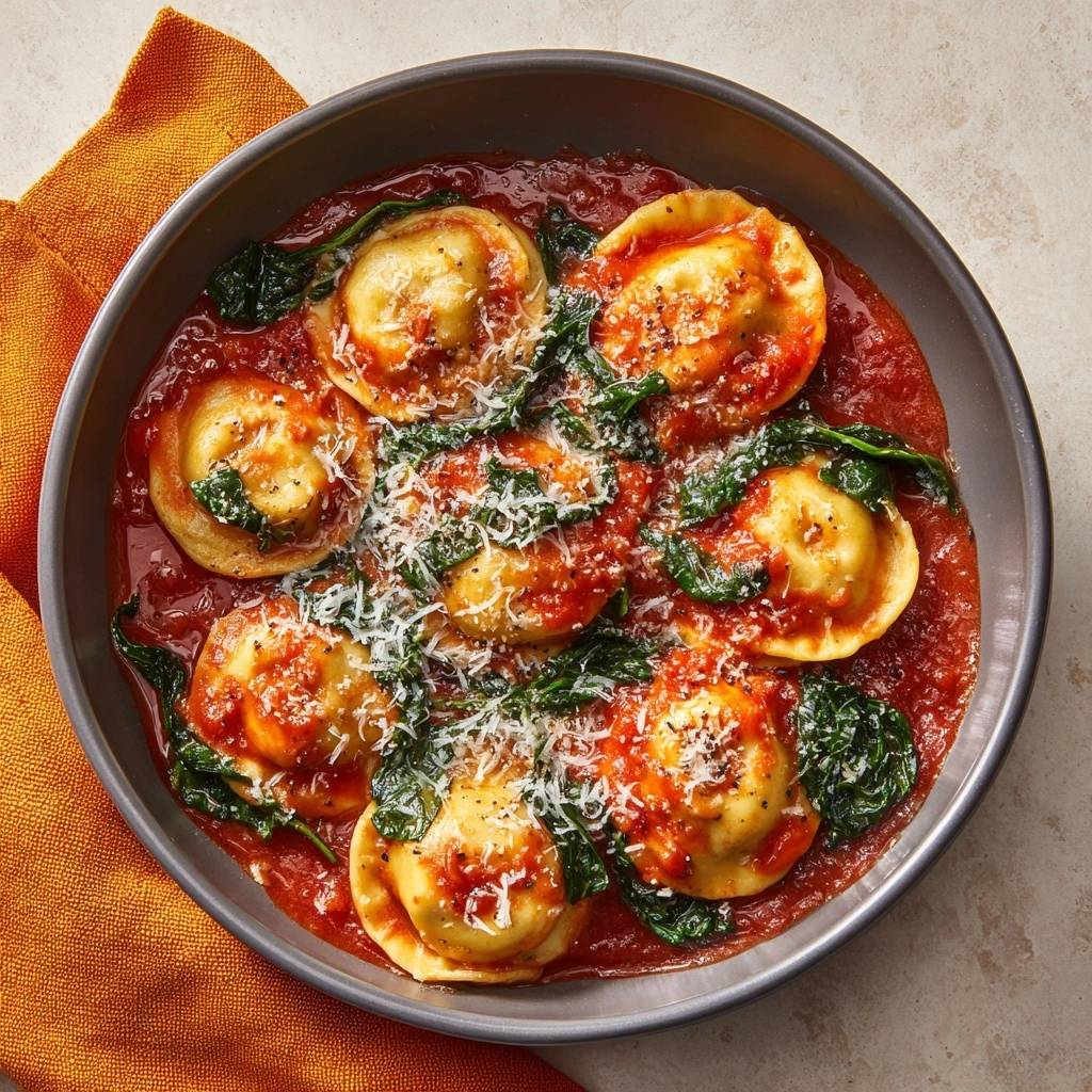 Spinach and cheese ravioli marinara in a bowl, presented from a close overhead view with grated cheese and spinach visible.