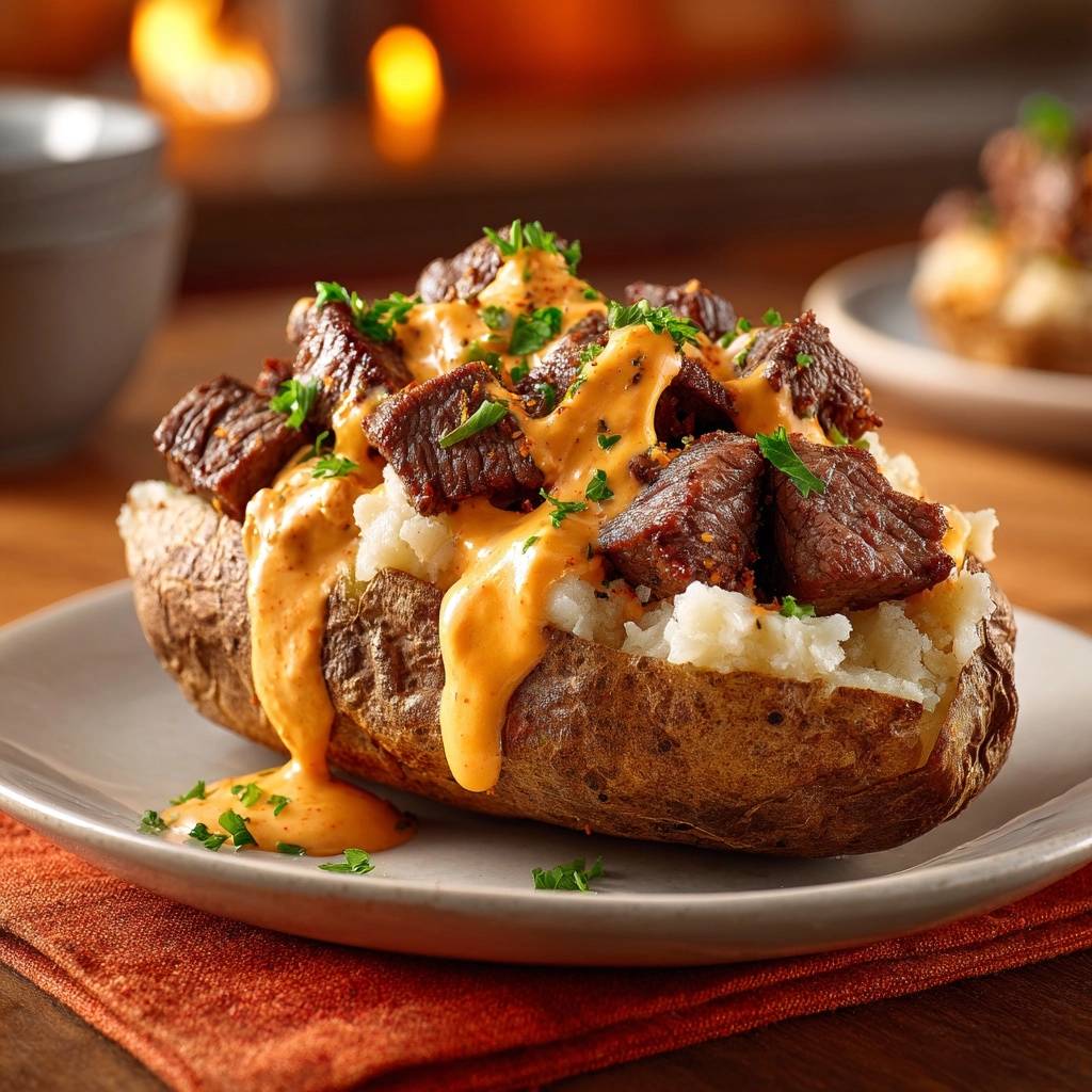 Steak and queso loaded baked potatoes featuring a close-up view of the savory beef and cheese topping.