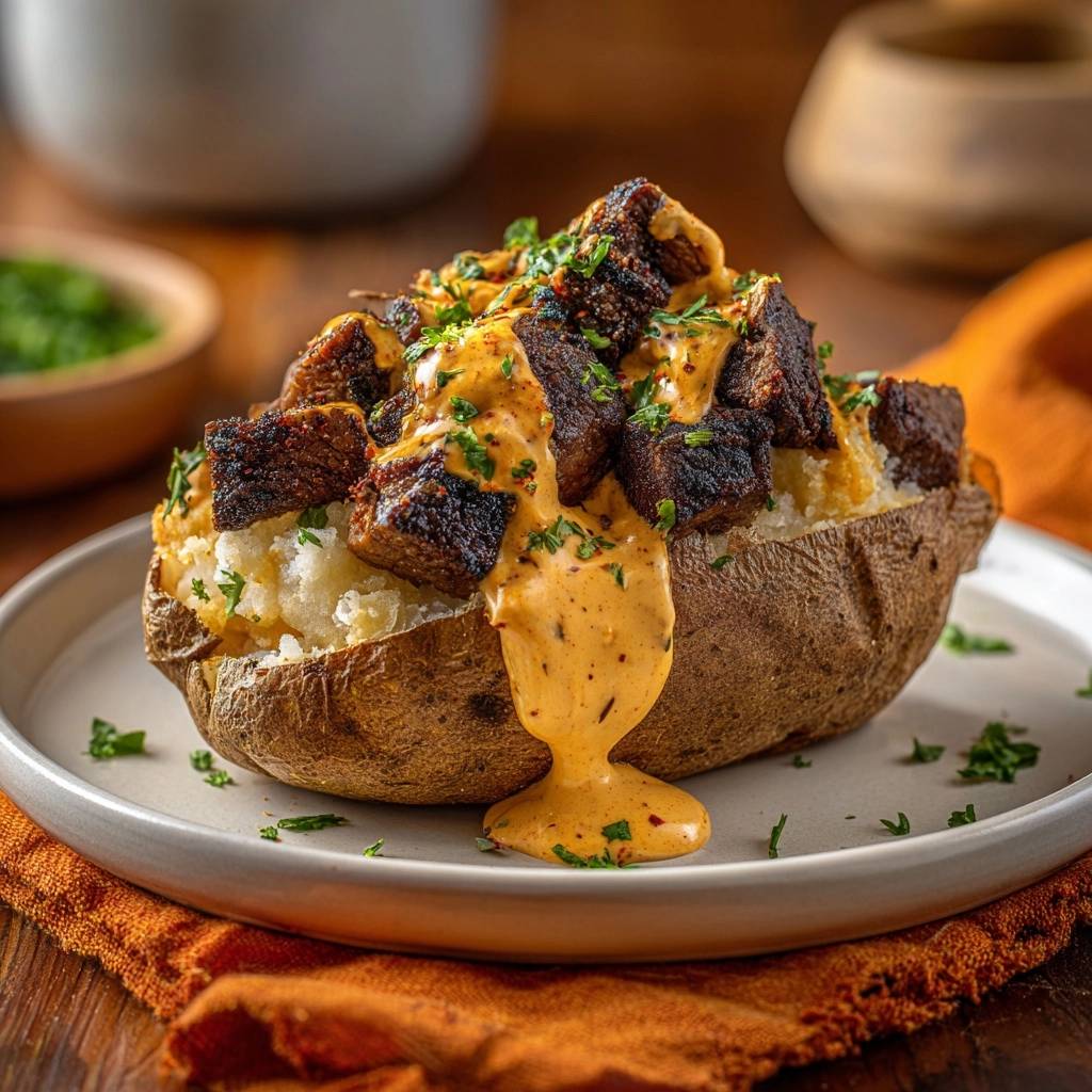 Steak and queso loaded baked potato served on a plate, with a close-up view of the toppings and cheese sauce.