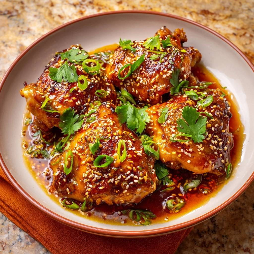 Sticky sesame glazed chicken thighs shown in a close-up view with a glistening sauce and sesame seed topping.
