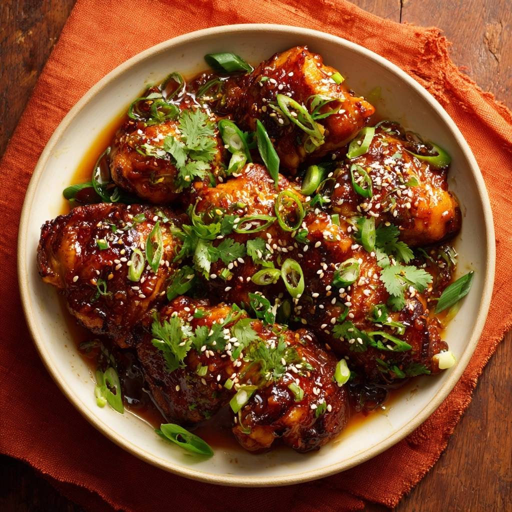 Sticky sesame glazed chicken thighs served in a bowl, garnished with scallions and sesame seeds.