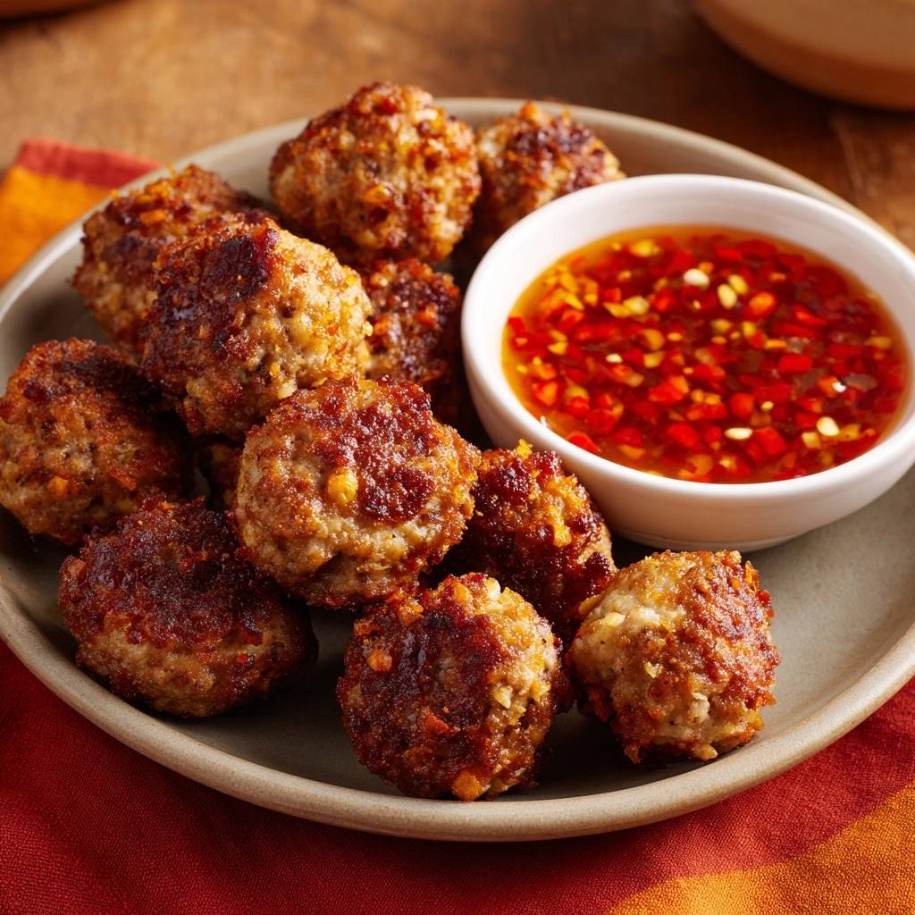 Thai chili meatballs with a side of spicy red chili dipping sauce, showcasing texture and color.