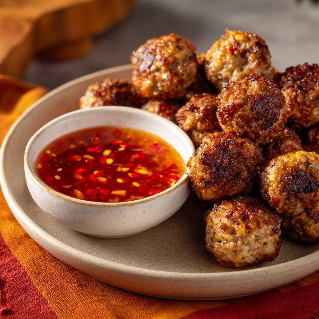 Thai chili meatballs with a dipping sauce on a plate, showcasing a close-up view of the dish.