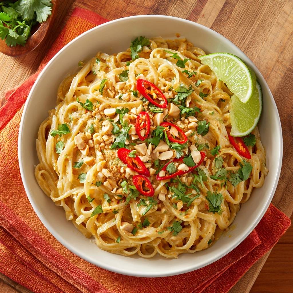 Creamy Thai peanut noodles in a white bowl, garnished with chili, peanuts, and cilantro, served with lime.