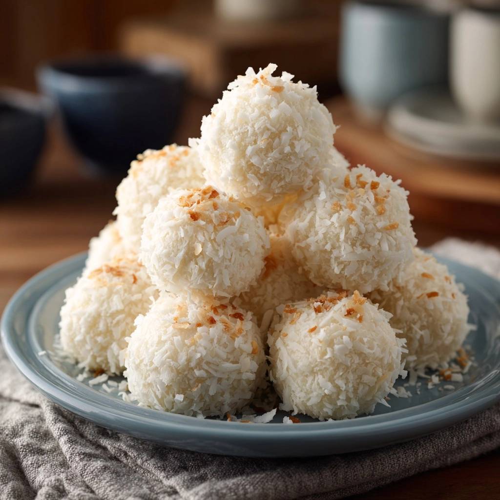 Creamy toasted coconut truffles piled high on a blue plate, showcasing their textured coating and hints of toasted coconut flakes.