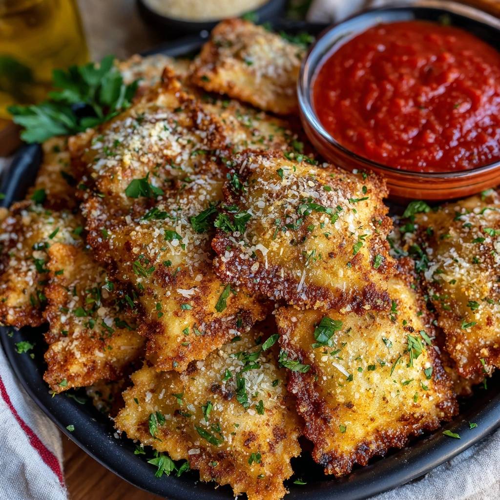 Toasted ravioli close-up garnished with parsley and Parmesan cheese, served with marinara sauce.