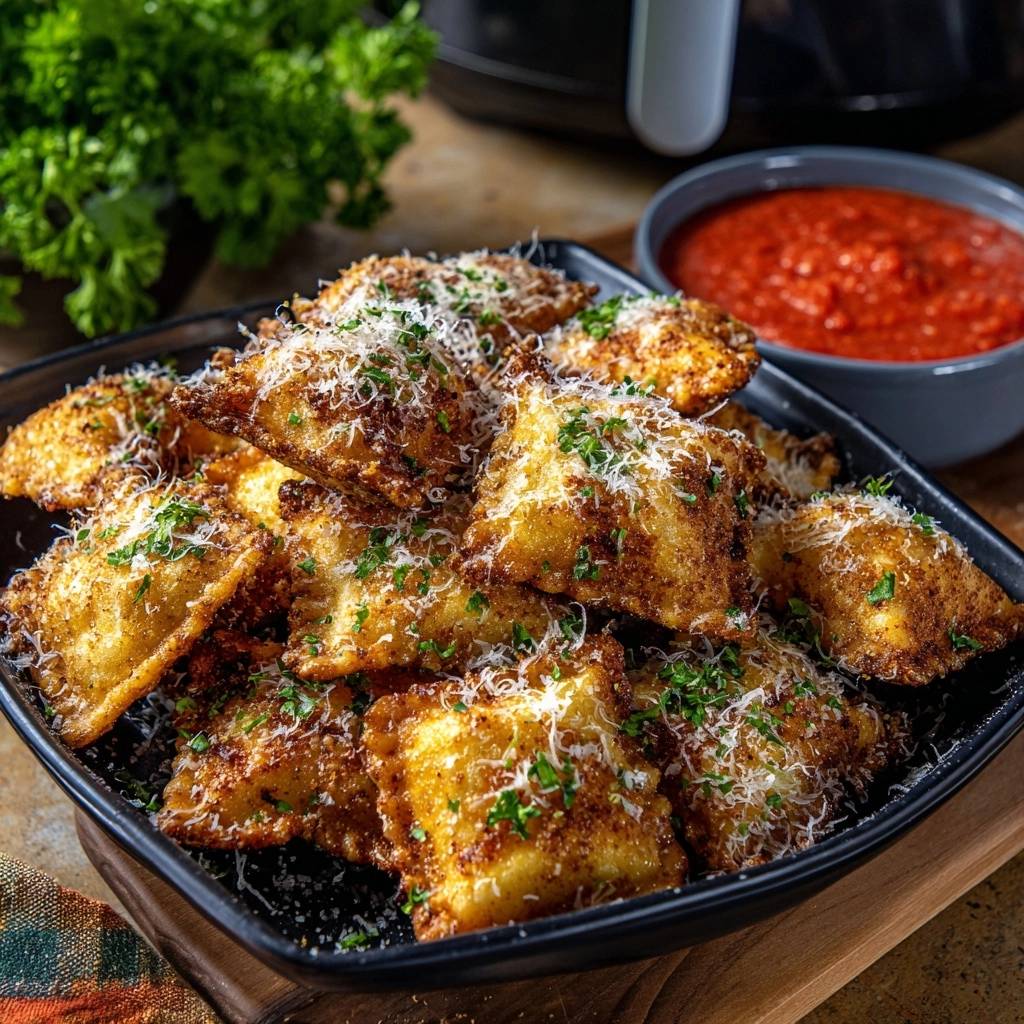 Toasted ravioli piled high in a black bowl, generously sprinkled with shredded Parmesan cheese and fresh parsley.