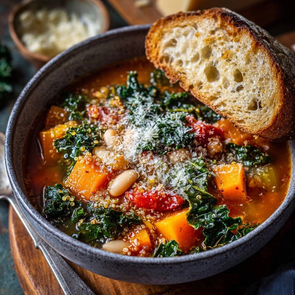 Hearty Tuscan white bean and kale soup served in a rustic bowl, topped with grated cheese and a crusty bread slice.