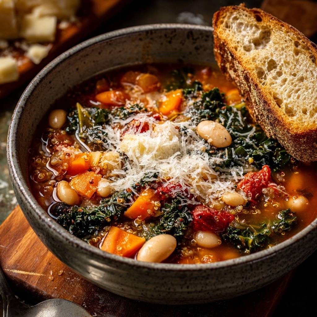 Tuscan white bean and kale soup in a bowl, topped with parmesan and served with a slice of crusty bread.
