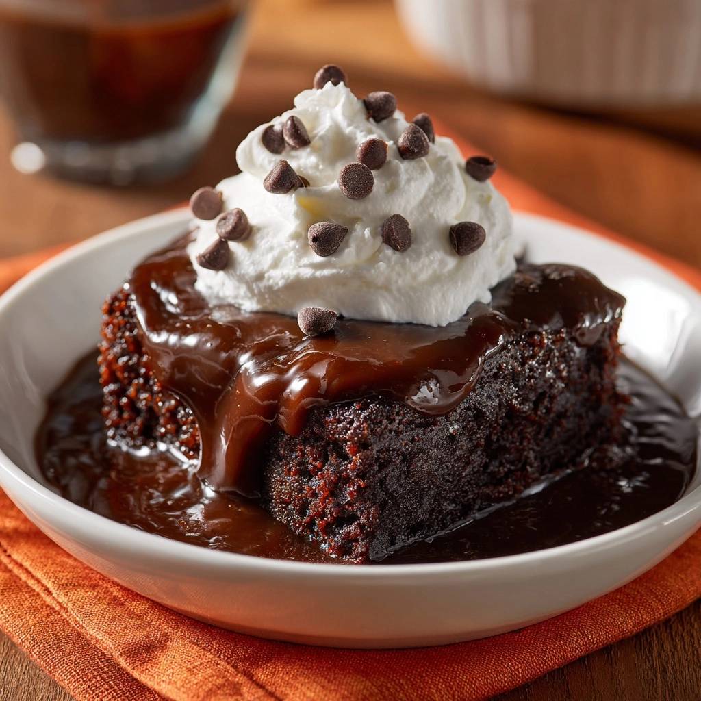 The ultimate fudge lava brownies topped with whipped cream and chocolate chips, served in a white bowl.