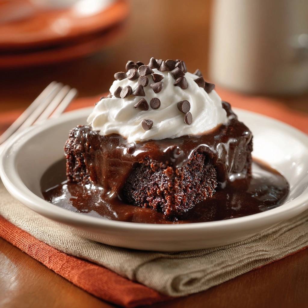 The ultimate fudge lava brownies are served in a white bowl, topped with whipped cream and chocolate chips.