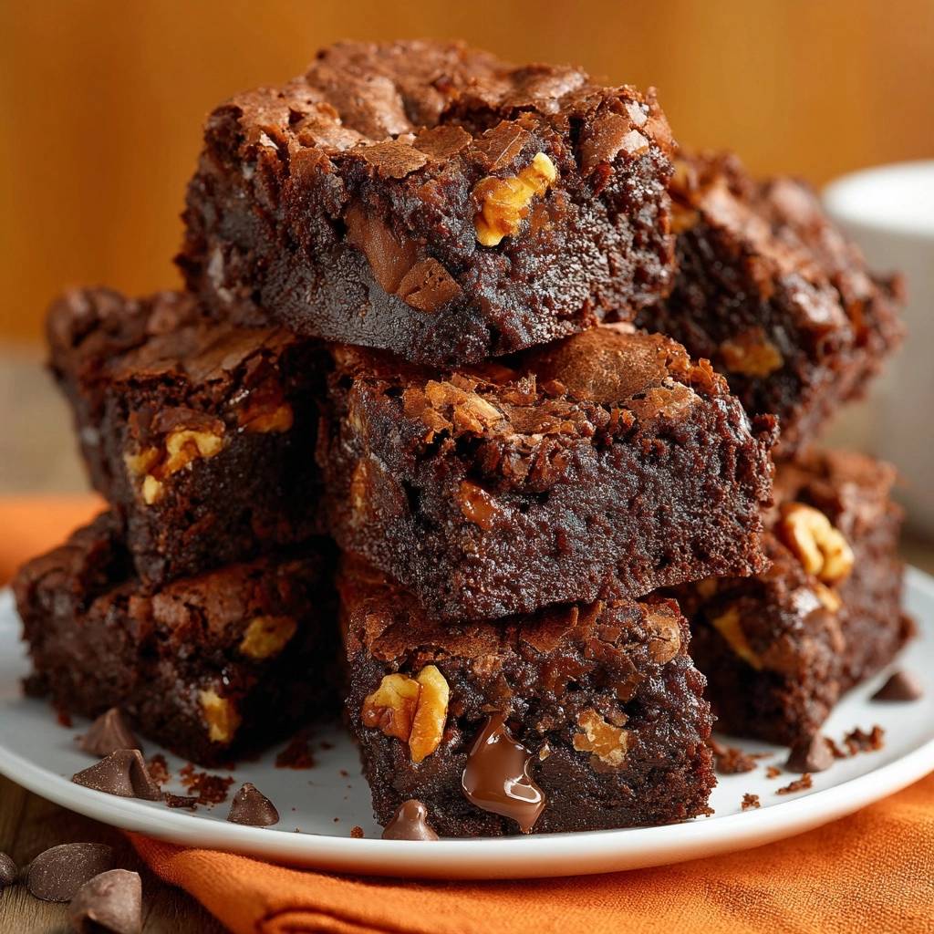 The ultimate walnut fudge brownies stacked in a close-up view, showing rich chocolate and crunchy walnuts.