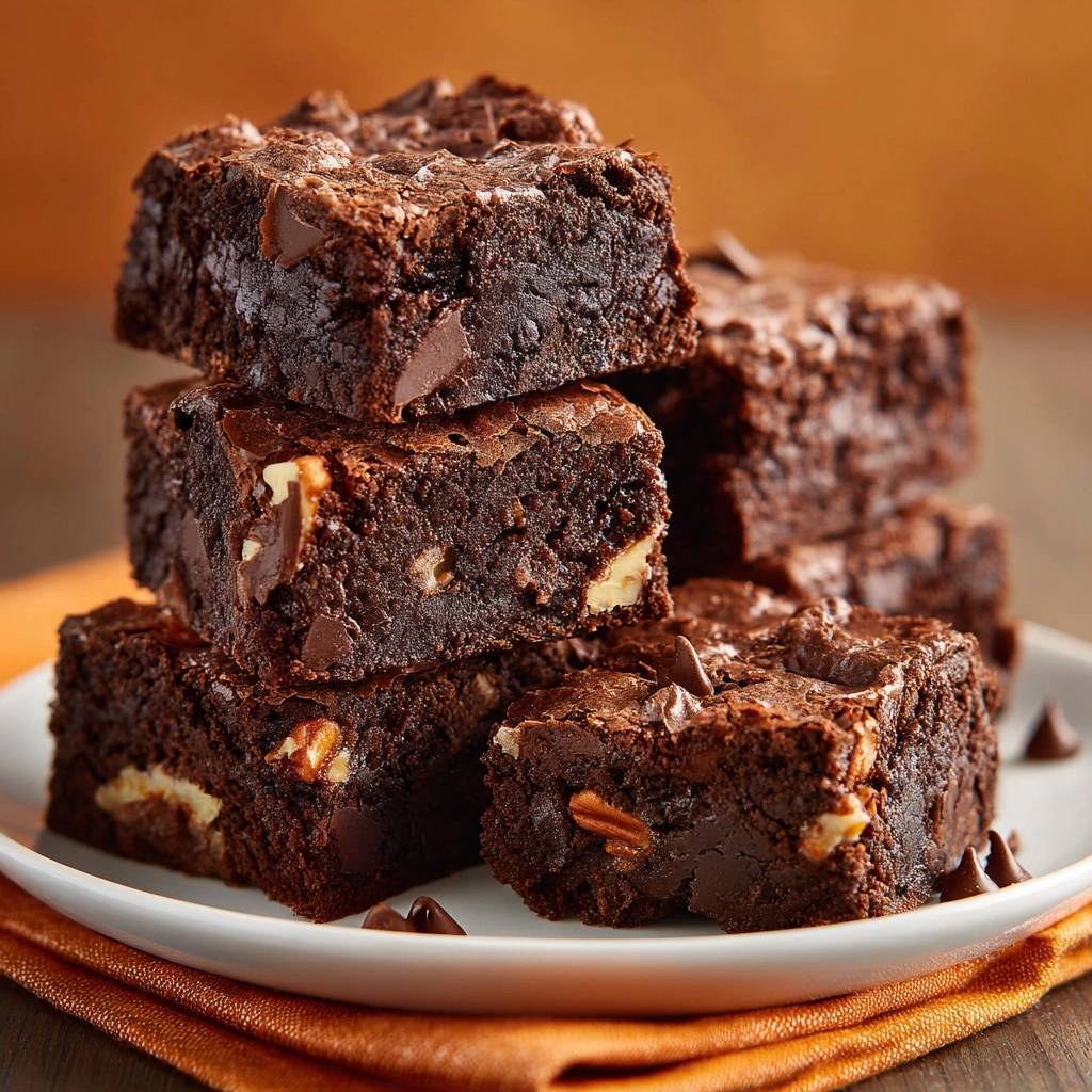 The ultimate walnut fudge brownies stacked on a white plate, showcasing their rich chocolate texture and visible walnut pieces.