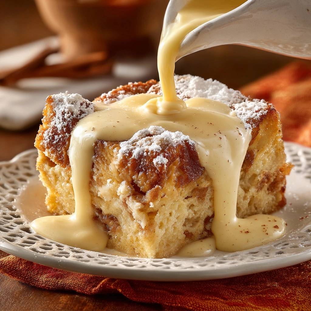 Warm cinnamon swirl coffee cake being served with a rich pouring of creamy custard.
