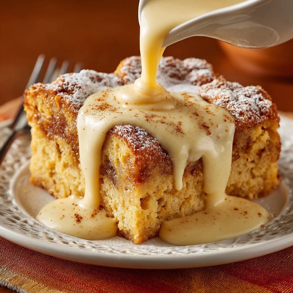 Warm cinnamon swirl coffee cake with a rich custard sauce being poured over a slice.
